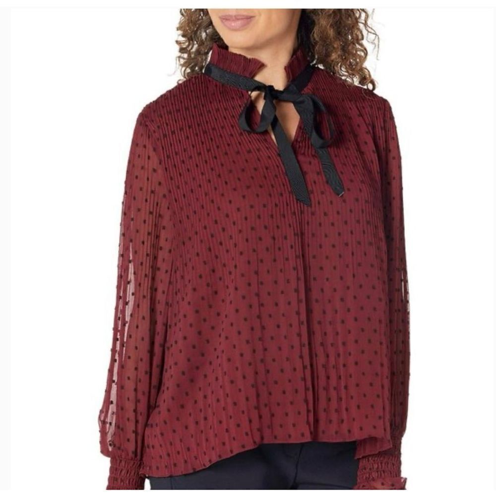 NWT Womens Max Studio Tie Neck Long Sleeve Clip Polka Dot Pleated Shirt Top - L
